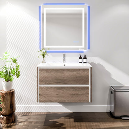 Luna 32 in. Gray Oak Wall Mount Single Sink Bath Vanity with Porcelain Top and Integrated Sink