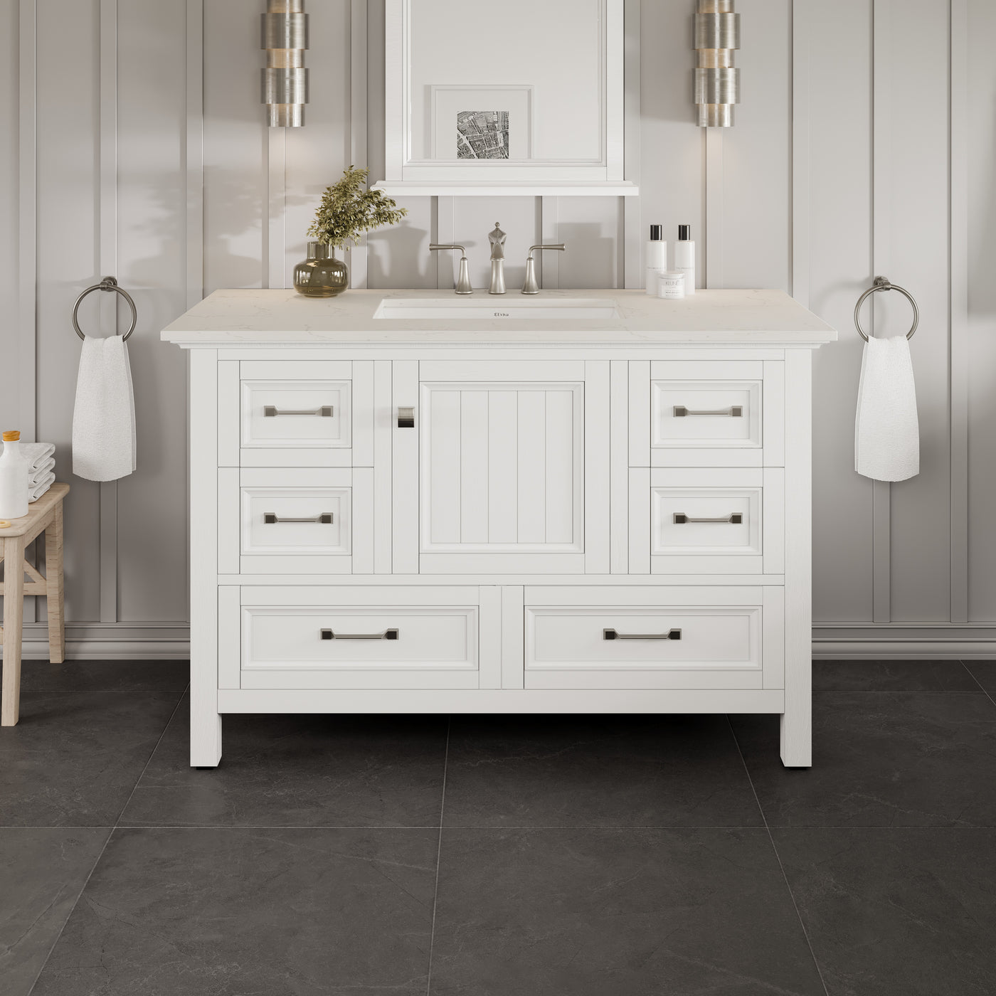 Britney 42"W x 22"D White Bathroom Vanity with White Carrara Quartz Countertop and Undermount Porcelain Sink