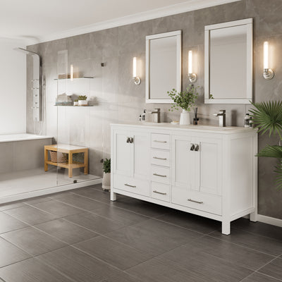 London 60"W x 18"D White Double Sink Bathroom Vanity with White Carrara Quartz Countertop and Undermount Porcelain Sinks