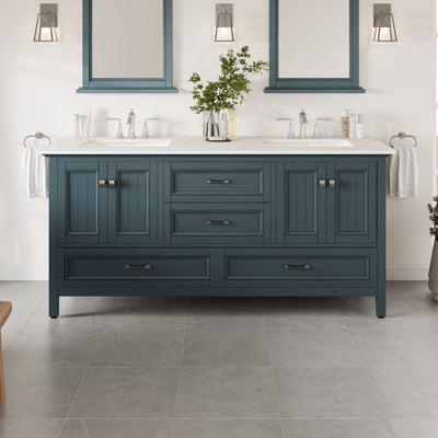 Britney 72"W x 22"D Ash Blue Double Sink Bathroom Vanity with White Carrara Quartz Countertop and Undermount Porcelain Sinks