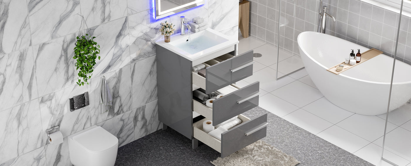 Deluxe 24"W x 18"D Gray Bathroom Vanity with White Porcelain Countertop and Integrated Sink