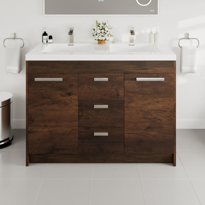 Lugano 48"W x 20"D Rosewood Double Sink Bathroom Vanity with White Acrylic Countertop and Integrated Sinks