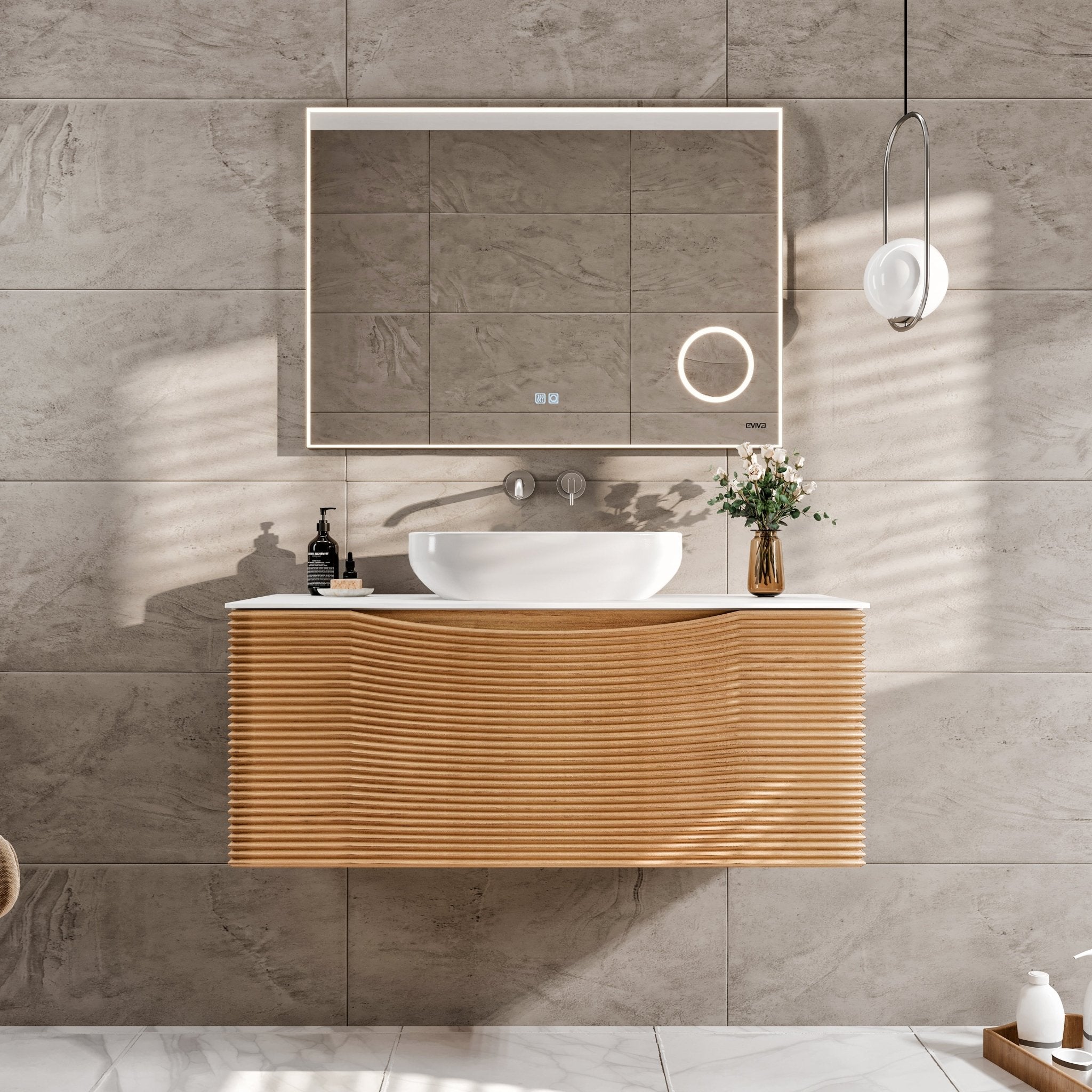 Leah 32 in. Medium Oak Wall Mount Single Sink Bath Vanity with Solid Surface Top and Vessel Solid Surface Sink - Bathroom Vanity by Eviva