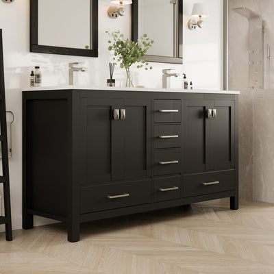 London 60"W x 18"D Espresso Double Sink Bathroom Vanity with White Carrara Quartz Countertop and Undermount Porcelain Sinks