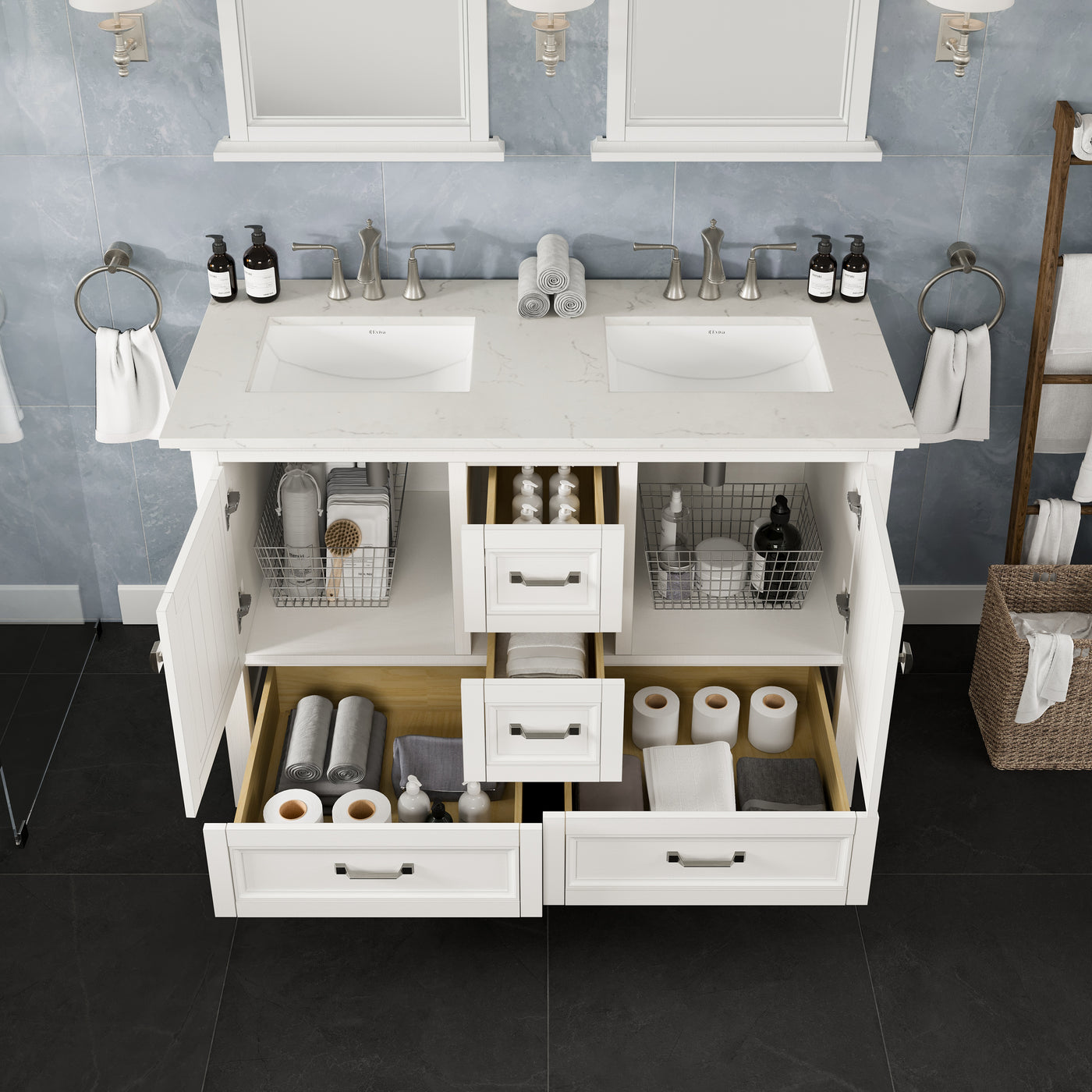 Britney 48"W x 22"D White Double Sink Bathroom Vanity with White Carrara Quartz Countertop and Undermount Porcelain Sinks