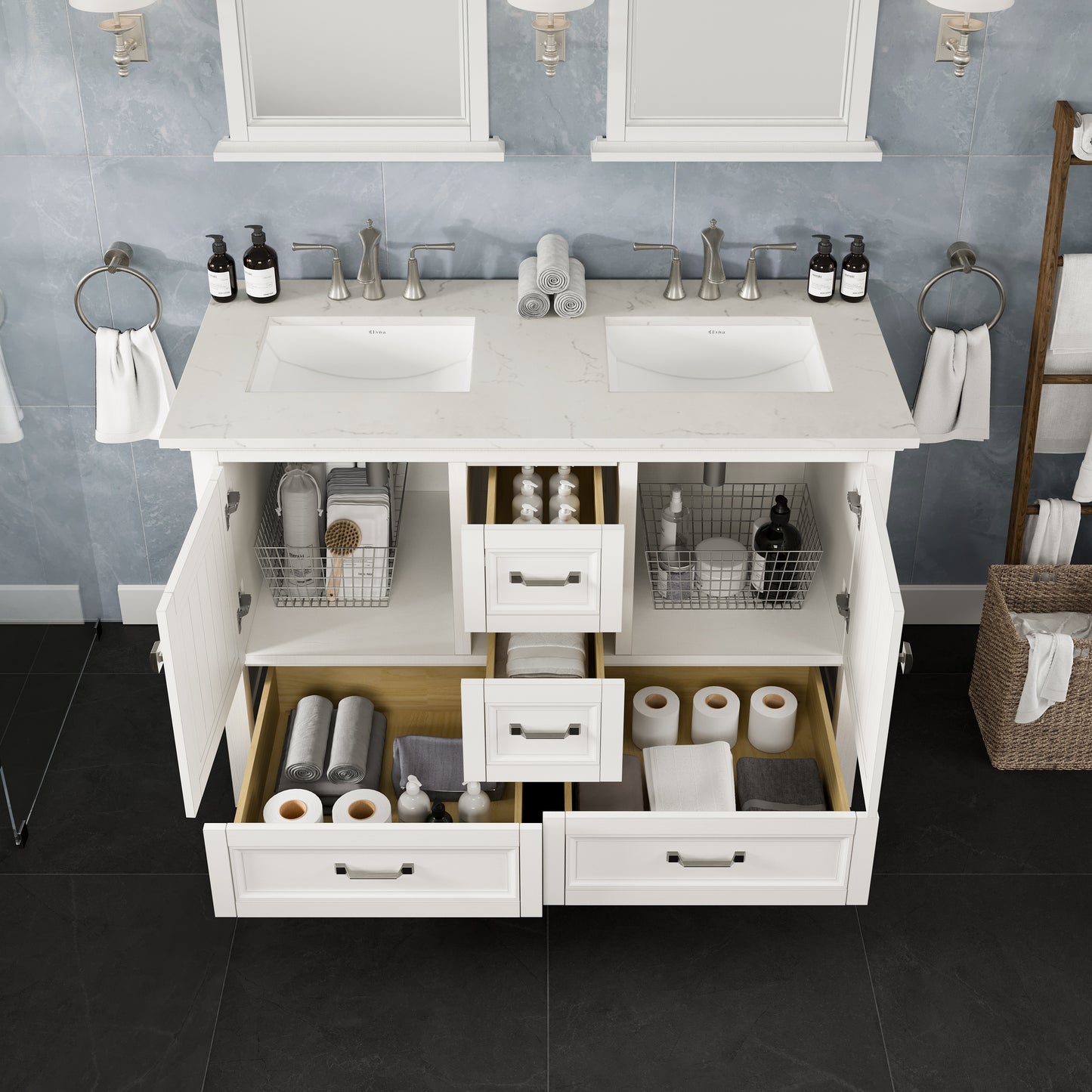 Britney 48"W x 22"D White Double Sink Bathroom Vanity with Carrara Quartz Countertop and Undermount Porcelain Sink