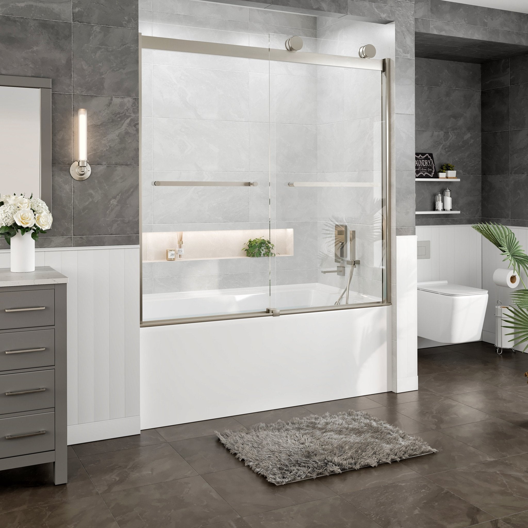 Eviva Luxor 60 in. W x 60 in. H Sliding Frameless Shower Door in Brushed Nickel with Tempered Glass - Shower Door by Eviva
