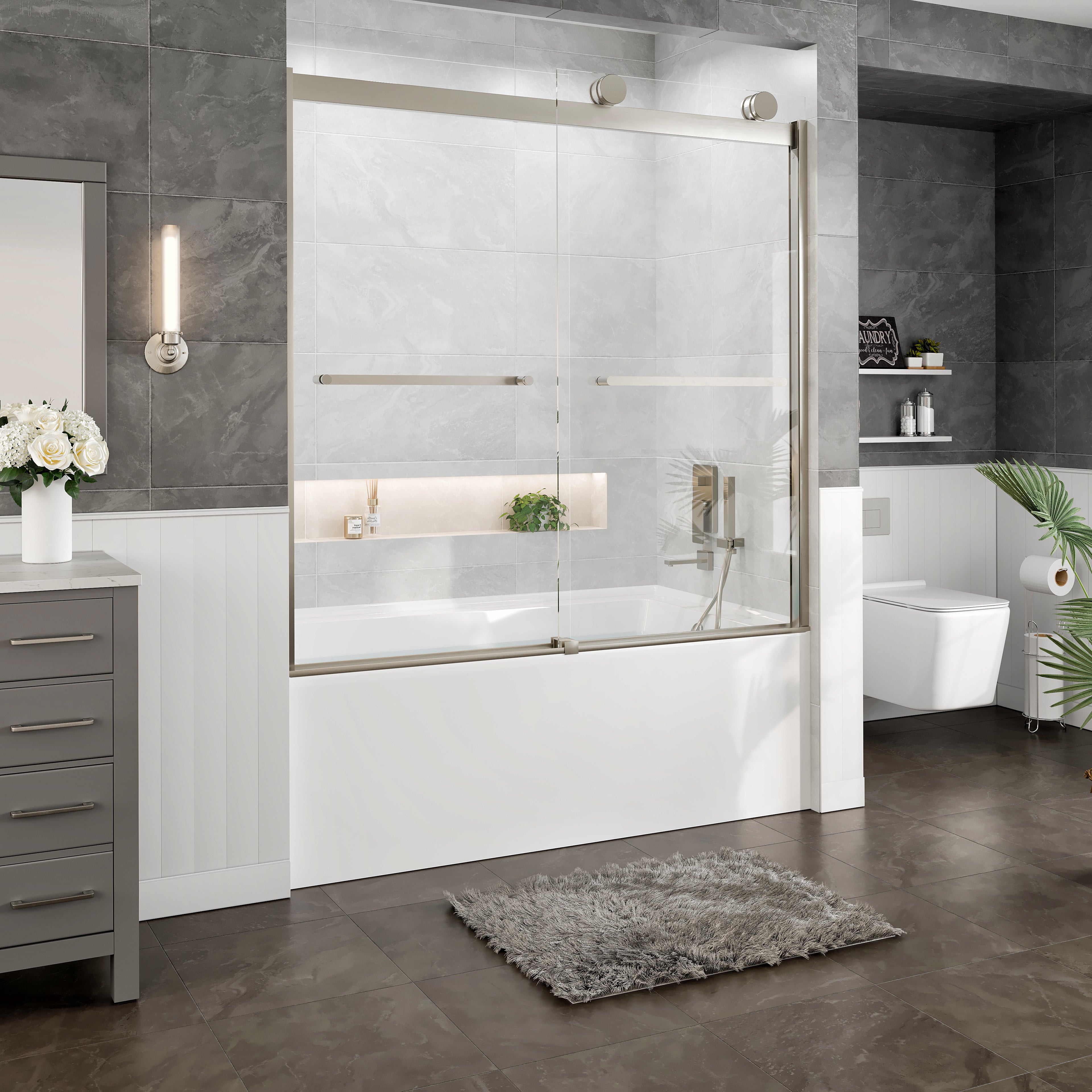 Eviva Luxor 60 in. W x 60 in. H Sliding Frameless Shower Door in Brushed Nickel with Tempered Glass