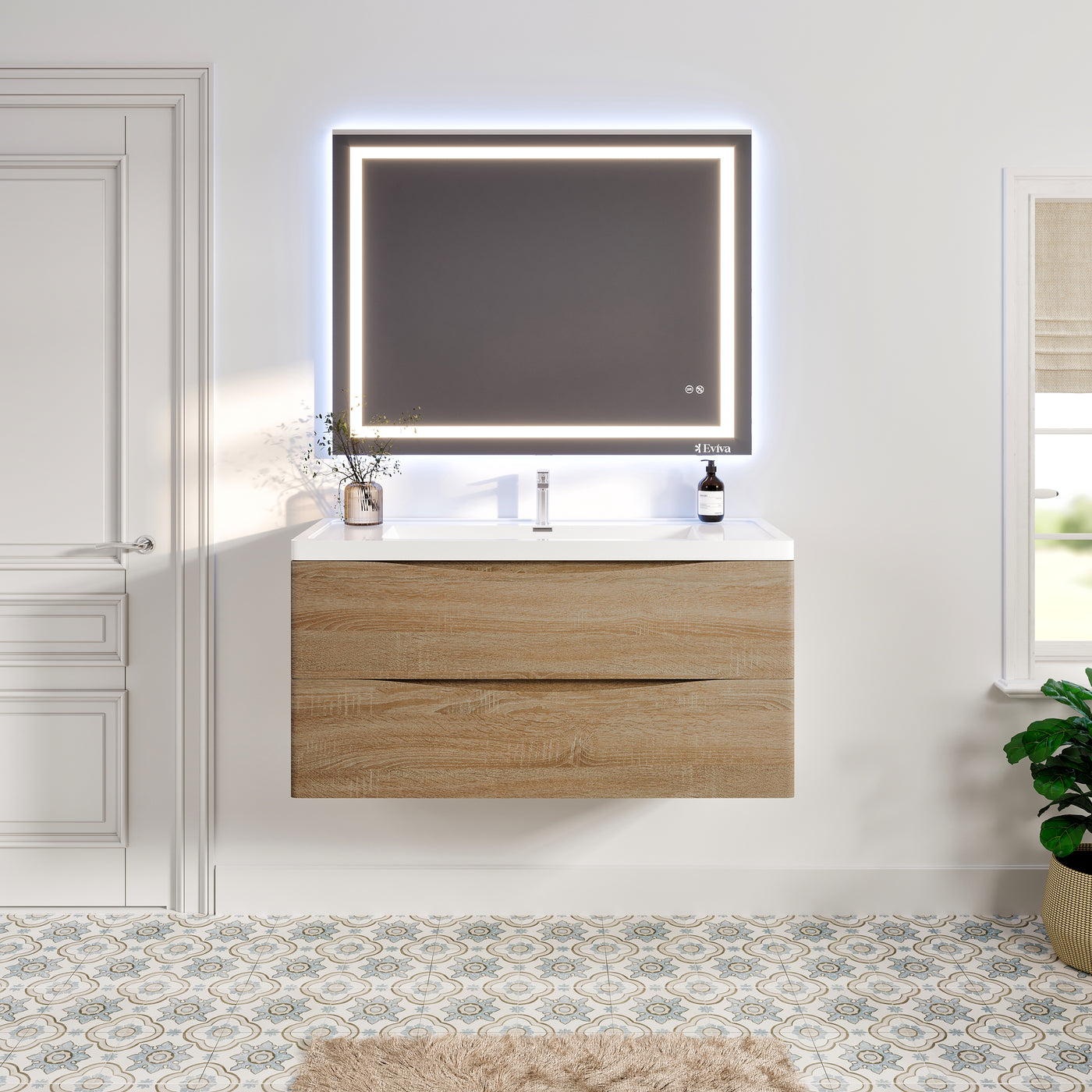 Smile 48"W x 19"D White Oak Wall Mount Bathroom Vanity with White Acrylic Countertop and Integrated Sink