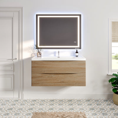 Smile 48"W x 19"D White Oak Wall Mount Bathroom Vanity with White Acrylic Countertop and Integrated Sink