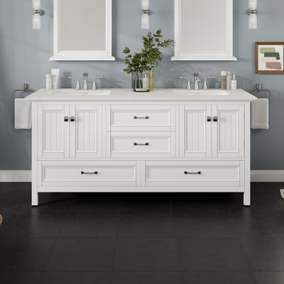 Britney 72"W x 22"D White Double Sink Bathroom Vanity with White Carrara Quartz Countertop and Undermount Porcelain Sinks