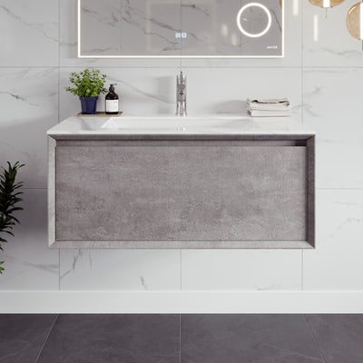 Vista 40"W x 23"D Concrete Gray Wall Mount Bathroom Vanity with White Carrara Quartz Countertop and Undermount Porcelain Sink