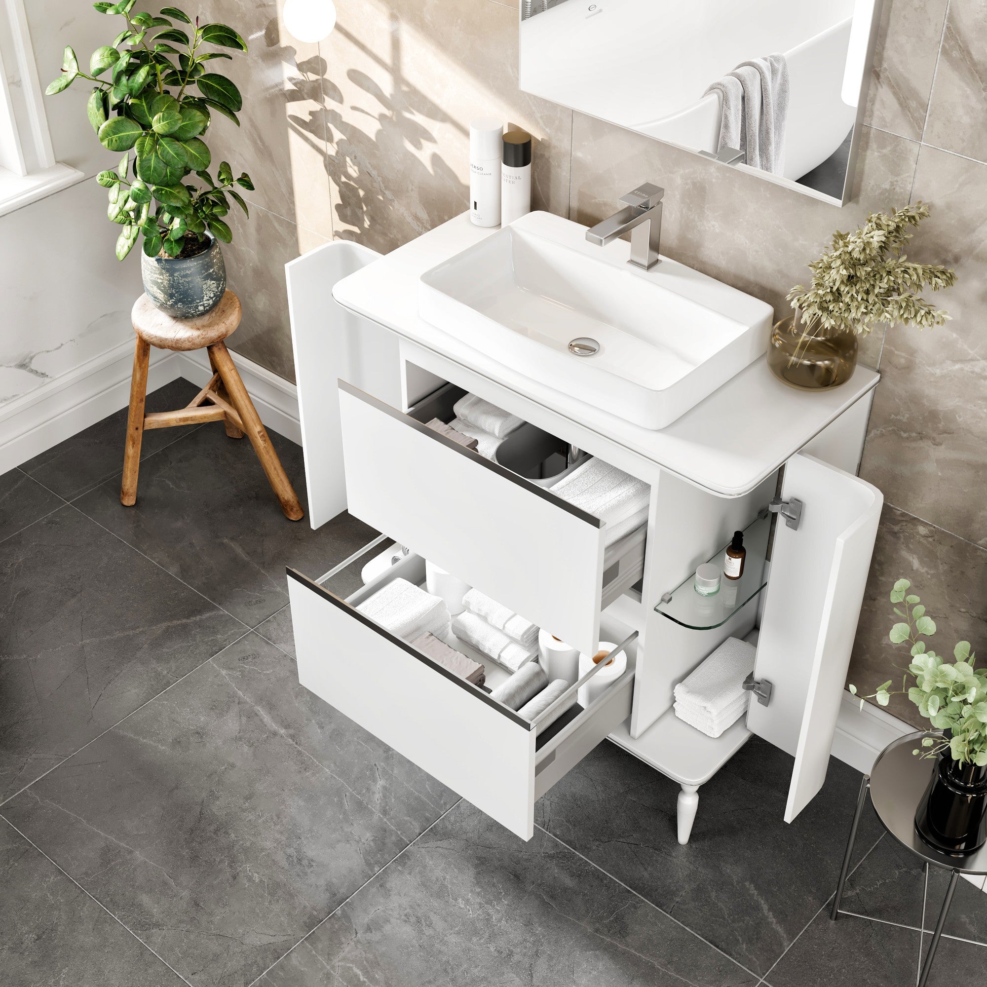 Duva 47 in. White Single Sink Bath Vanity with Engineered Wood Top and Vessel Acrylic Sink