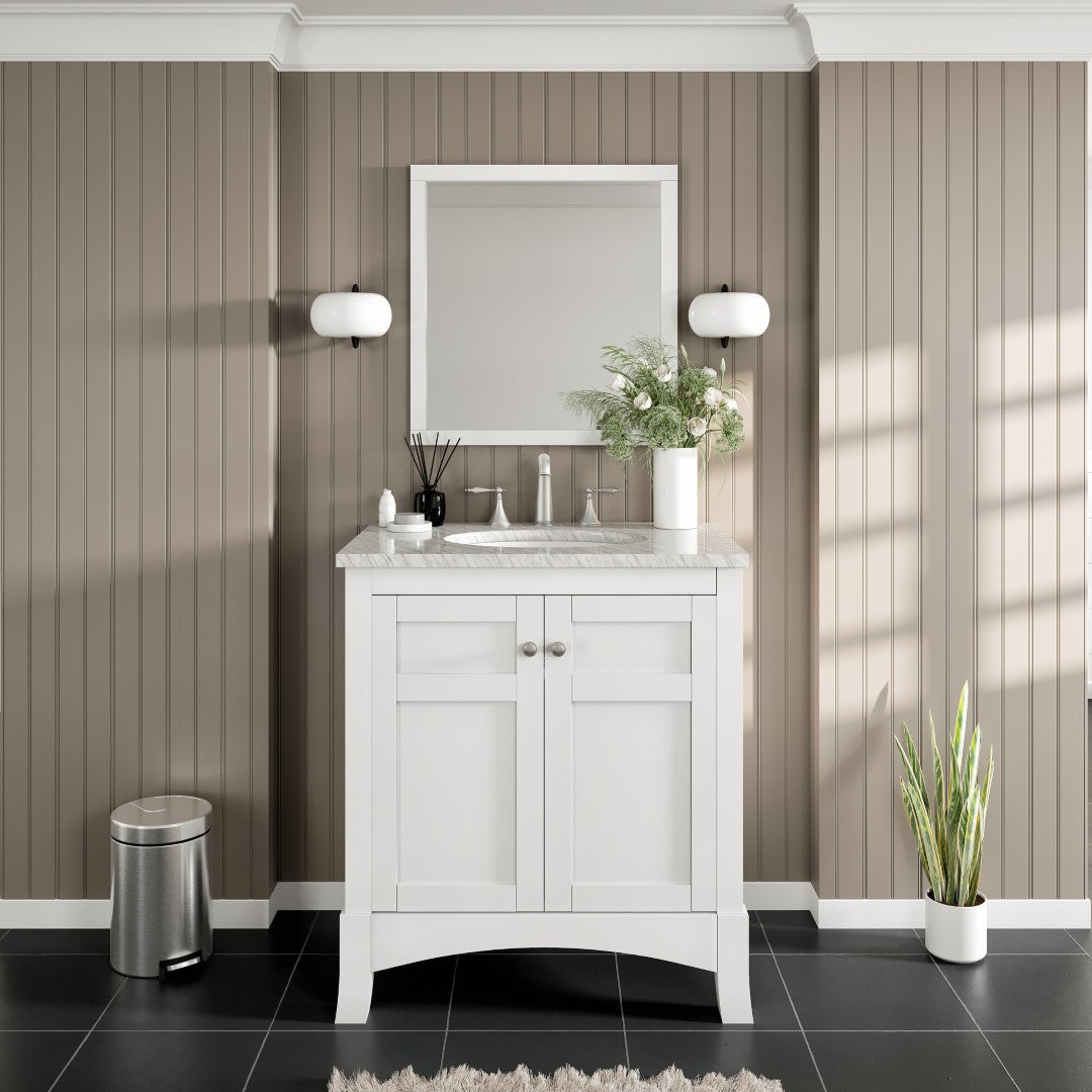 New York 30 in. White Single Sink Bath Vanity with Carrara Marble Top and Undermount Porcelain Sink