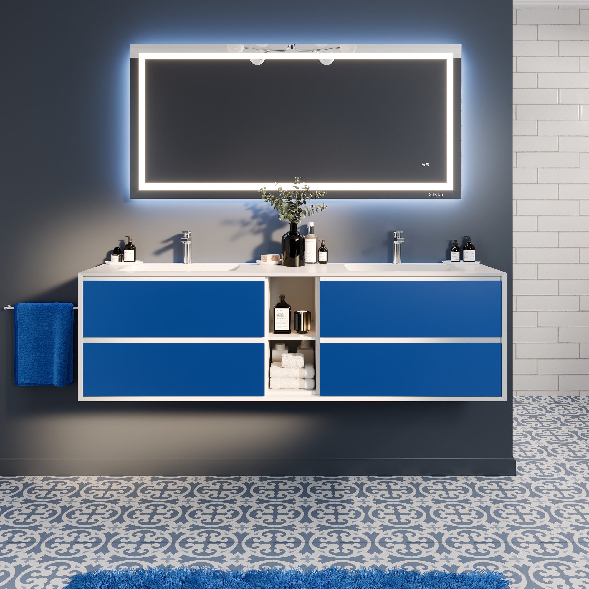 Vienna 75 in. Blue Wall Mount Double Sink Bath Vanity with Acrylic Top and Integrated Sinks