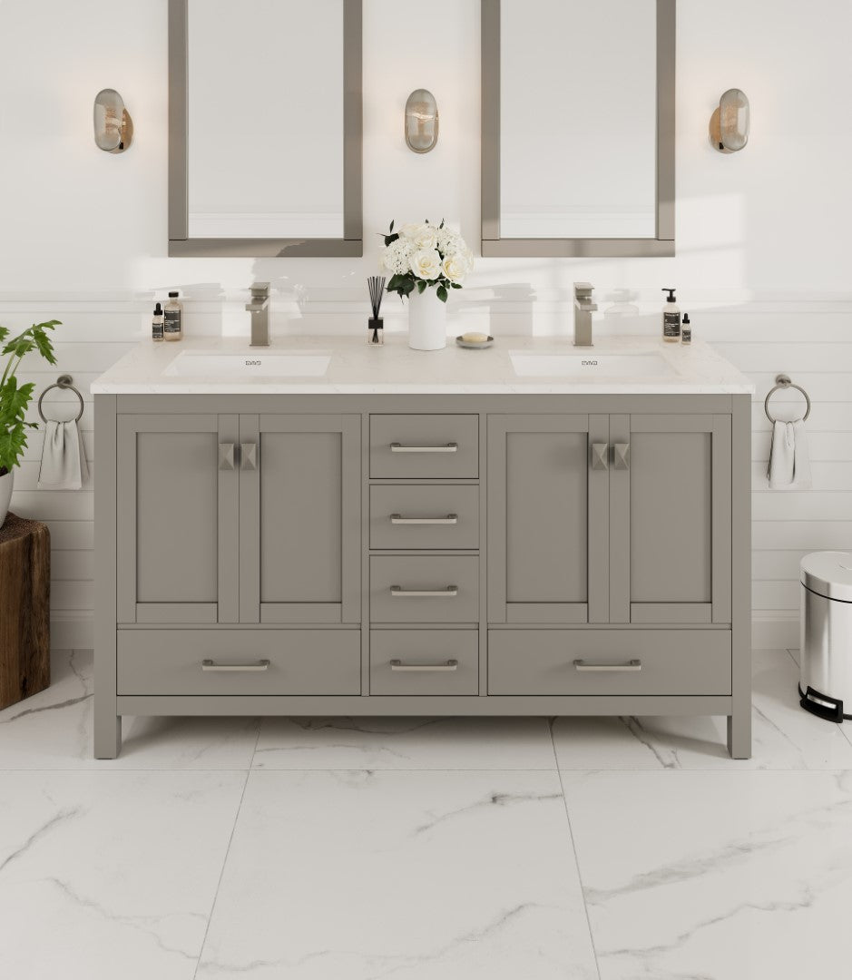 London 60"W x 18"D Gray Double Sink Bathroom Vanity with White Carrara Quartz Countertop and Undermount Porcelain Sinks