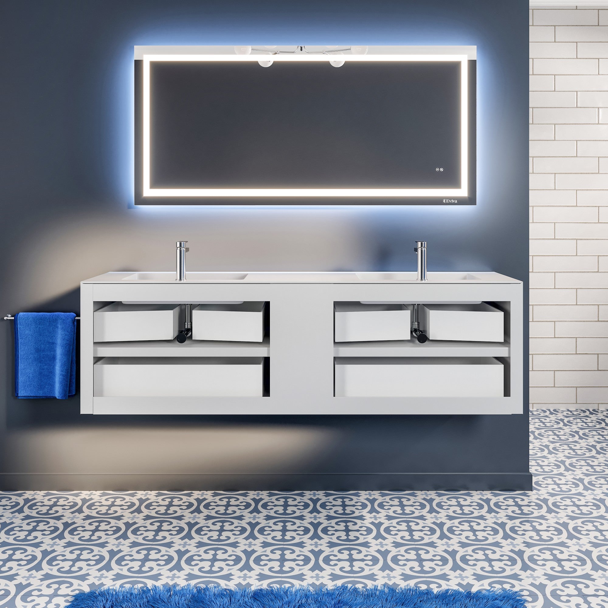 Vienna 75 in. Blue Wall Mount Double Sink Bath Vanity with Acrylic Top and Integrated Sinks