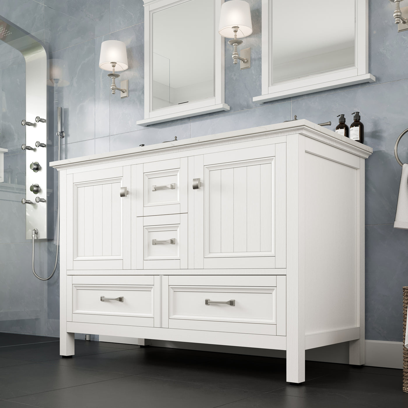 Britney 48"W x 22"D White Double Sink Bathroom Vanity with White Carrara Quartz Countertop and Undermount Porcelain Sinks