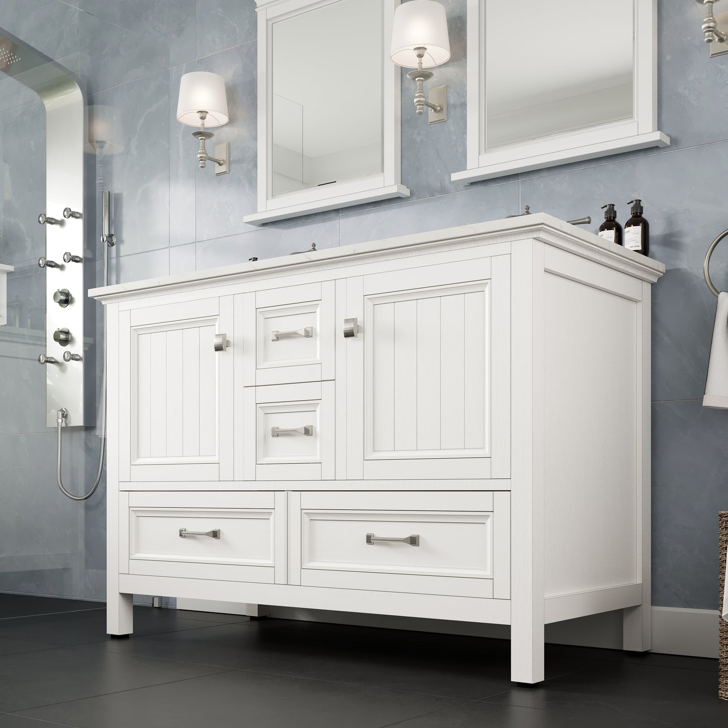 Britney 48"W x 22"D White Double Sink Bathroom Vanity with Carrara Quartz Countertop and Undermount Porcelain Sink