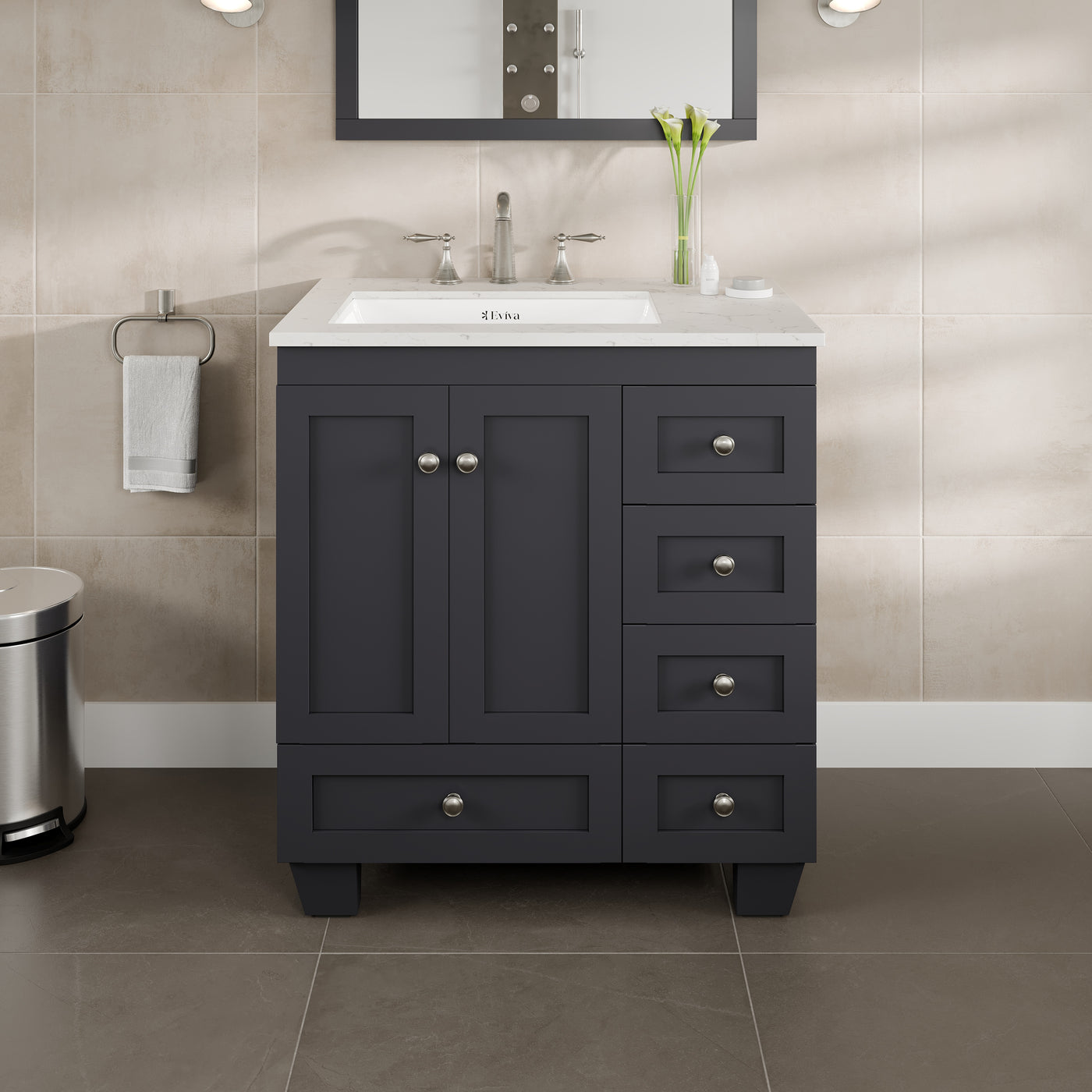 Acclaim 30"W x 22"D Dark Gray Bathroom Vanity with White Carrara Quartz Countertop and Undermount Porcelain Sink