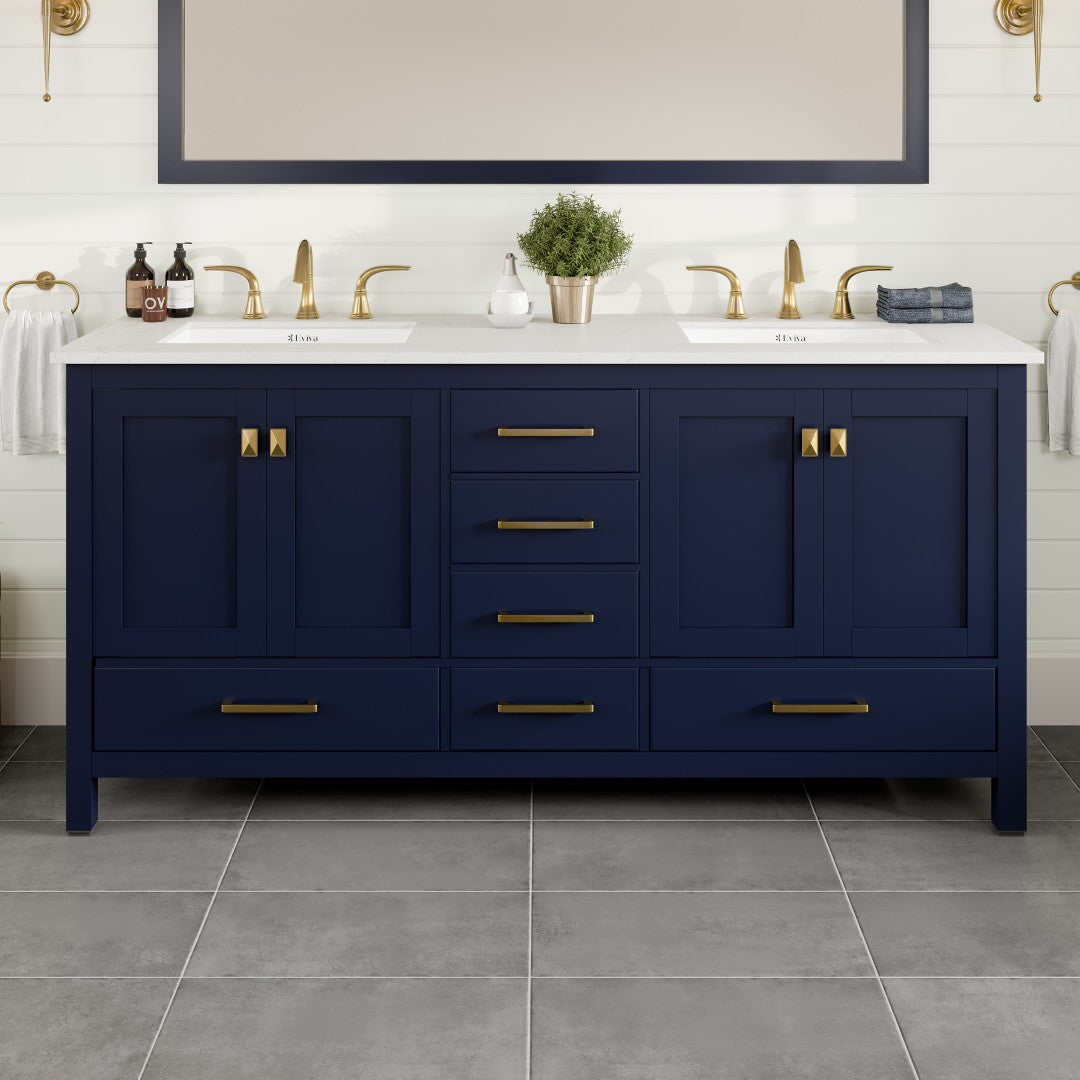 Aberdeen 78 in. Blue Double Sink  Bath Vanity with Carrara Quartz Top and Undermount Porcelain Sinks