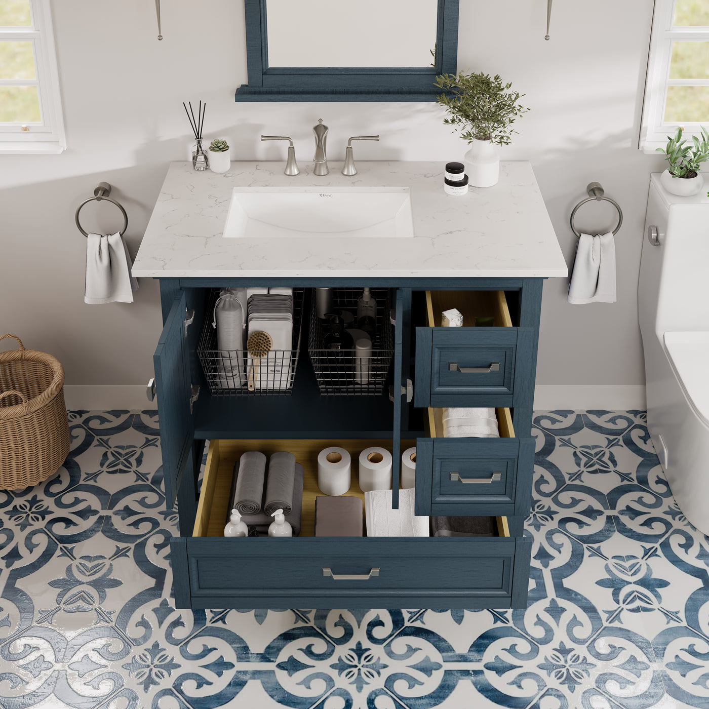 Britney 36"W x 22"D Ash Blue Bathroom Vanity with White Carrara Quartz Countertop and Undermount Porcelain Sink