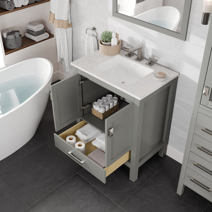 Aberdeen 30 in. Gray Single Sink Bath Vanity with Carrara Quartz Top and Undermount Porcelain Sink
