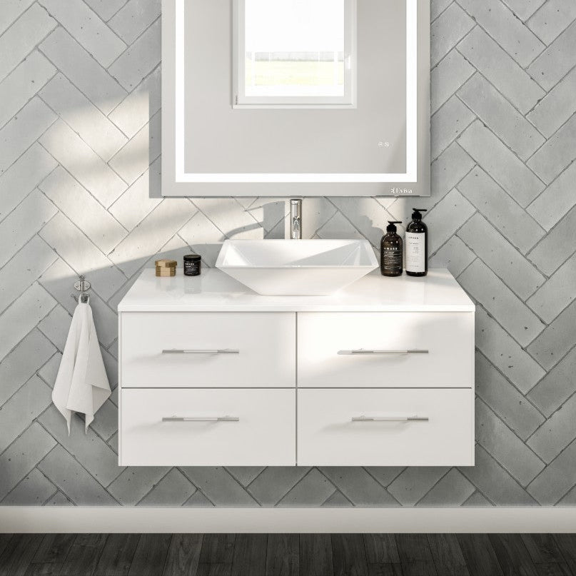 Wave 36 in. White Wall Mount Single Sink Bath Vanity with White Quartz Top and Vessel Porcelain Sink