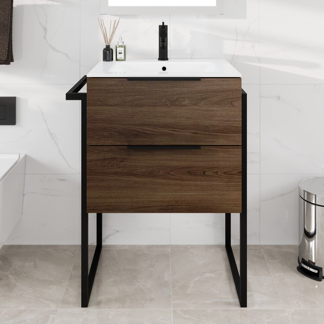 Marina 27 in. Dark Walnut Single Sink Bath Vanity with Porcelain Top and Integrated Sink
