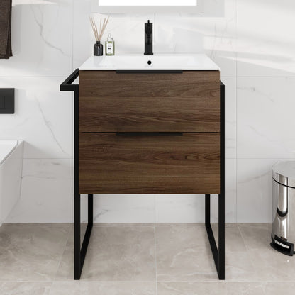 Marina 27 in. Dark Walnut Single Sink Bath Vanity with Porcelain Top and Integrated Sink