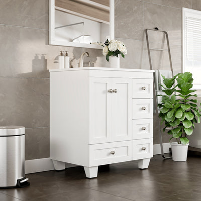 Acclaim 28"W x 22"D White Bathroom Vanity with White Carrara Quartz Countertop and Undermount Porcelain Sink