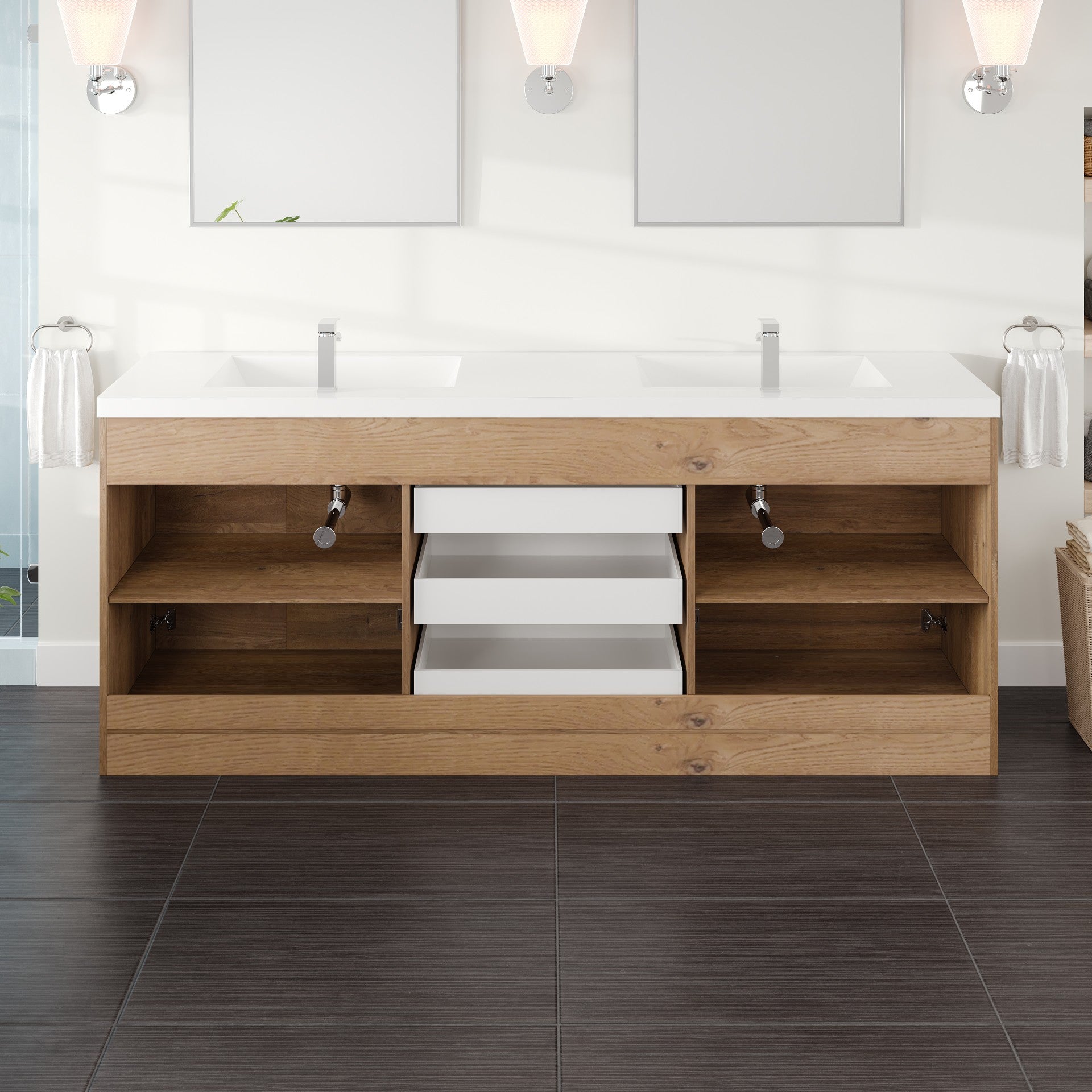 Lugano 84 in. Natural Oak Double Sink Bath Vanity with Acrylic Top and Integrated Sinks