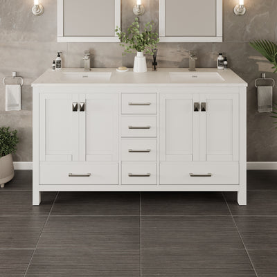 London 60"W x 18"D White Double Sink Bathroom Vanity with White Carrara Quartz Countertop and Undermount Porcelain Sinks