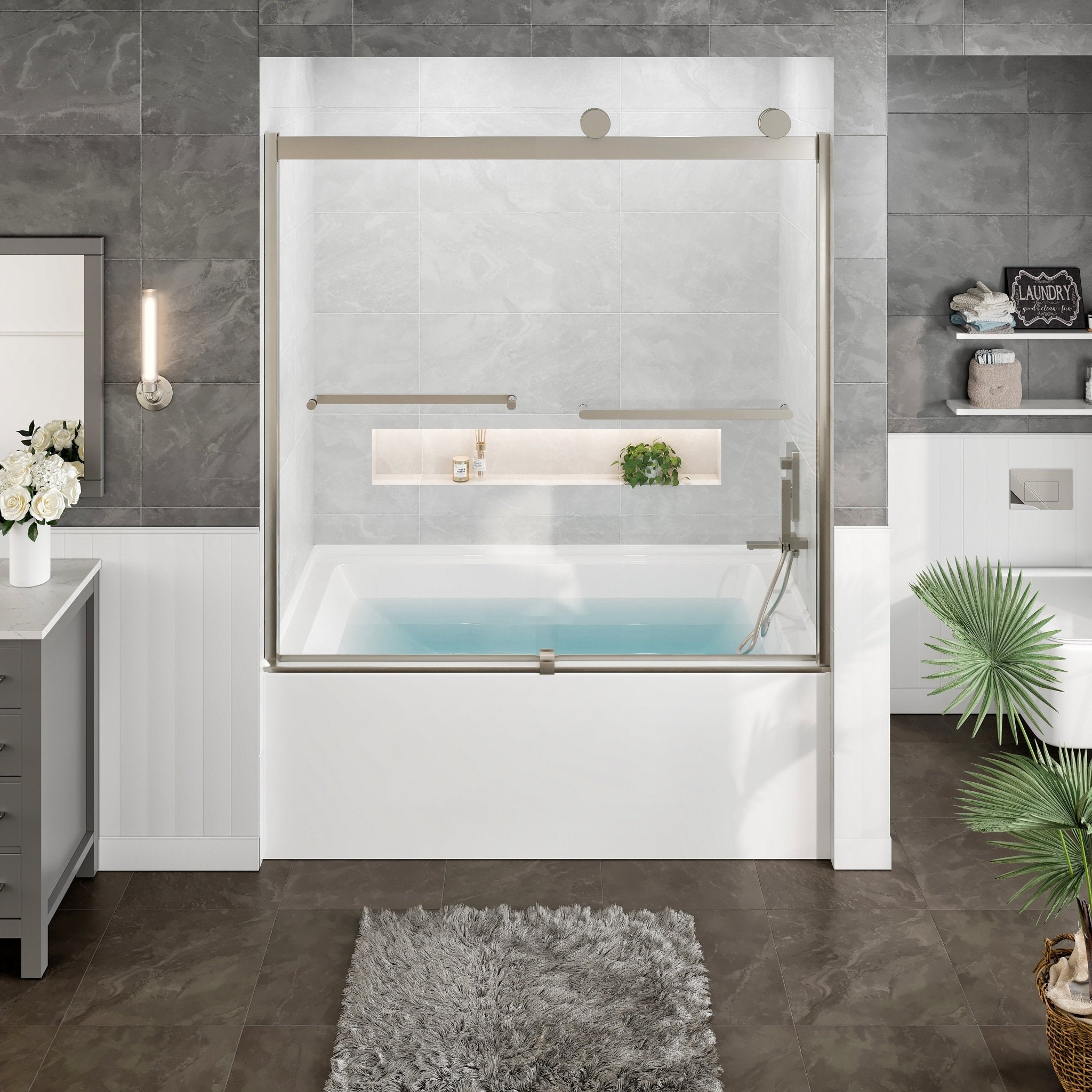 Eviva Luxor 60 in. W x 60 in. H Sliding Frameless Shower Door in Brushed Nickel with Tempered Glass - Shower Door by Eviva