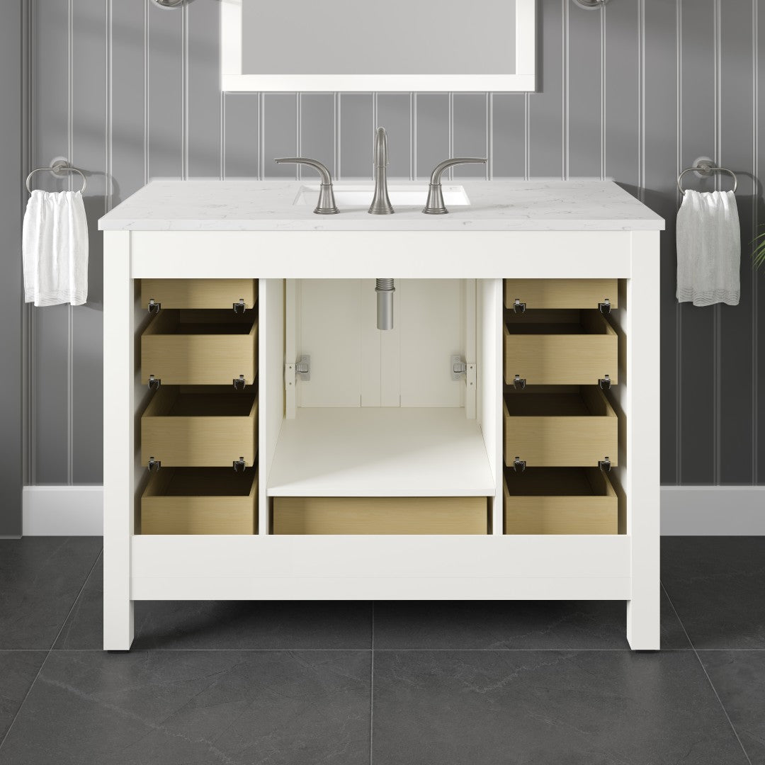 Aberdeen 42 in. White Single Sink Bath Vanity with Carrara Quartz Top and Undermount Porcelain Sink