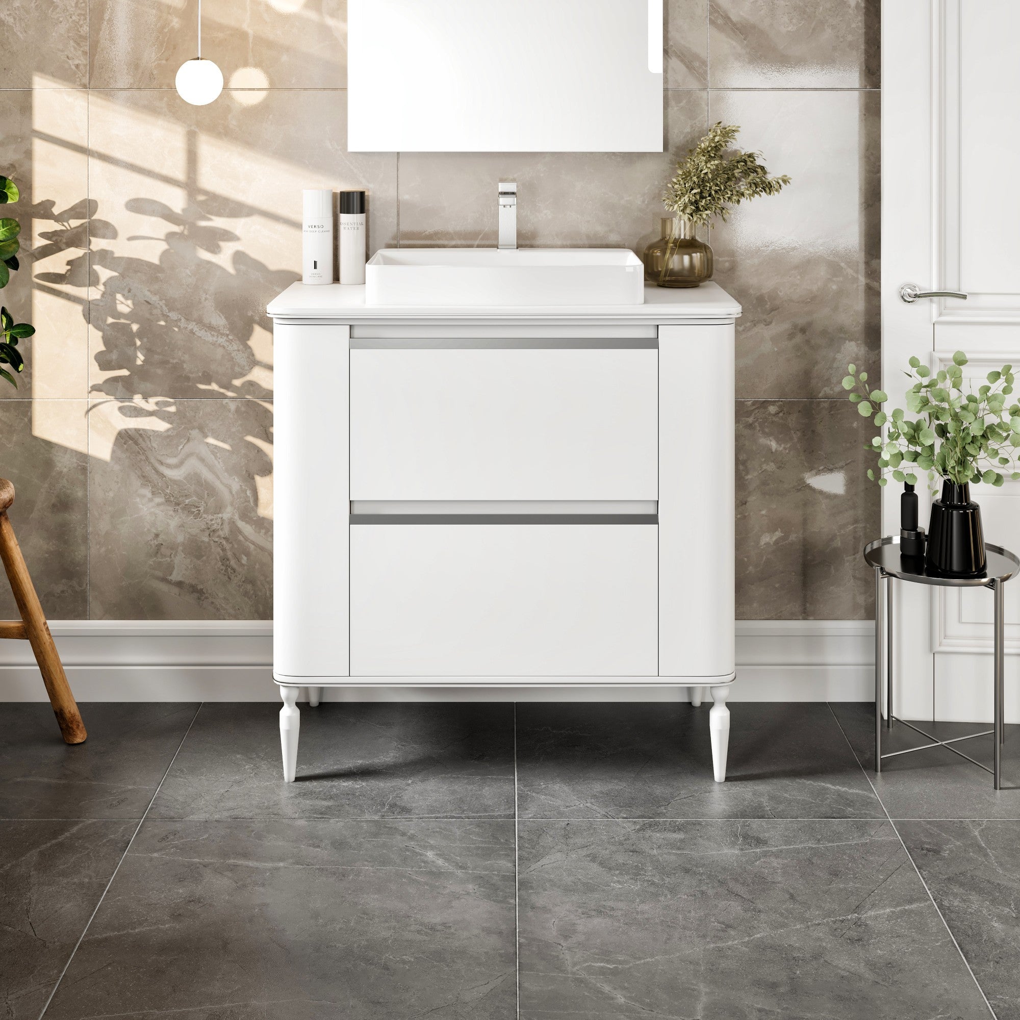Duva 47 in. White Single Sink Bath Vanity with Engineered Wood Top and Vessel Acrylic Sink