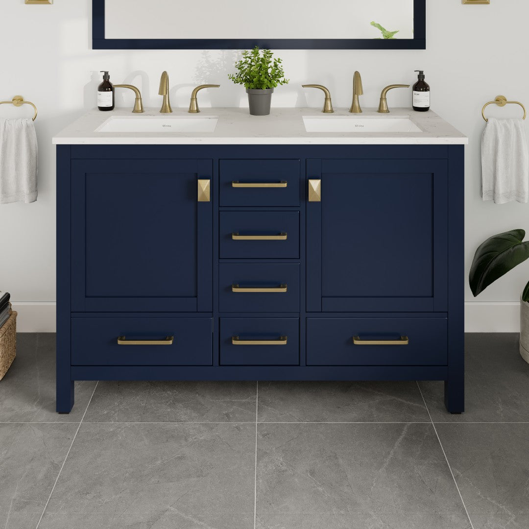 Aberdeen 48 in. Blue Double Sink  Bath Vanity with Carrara Quartz Top and Undermount Porcelain Sinks