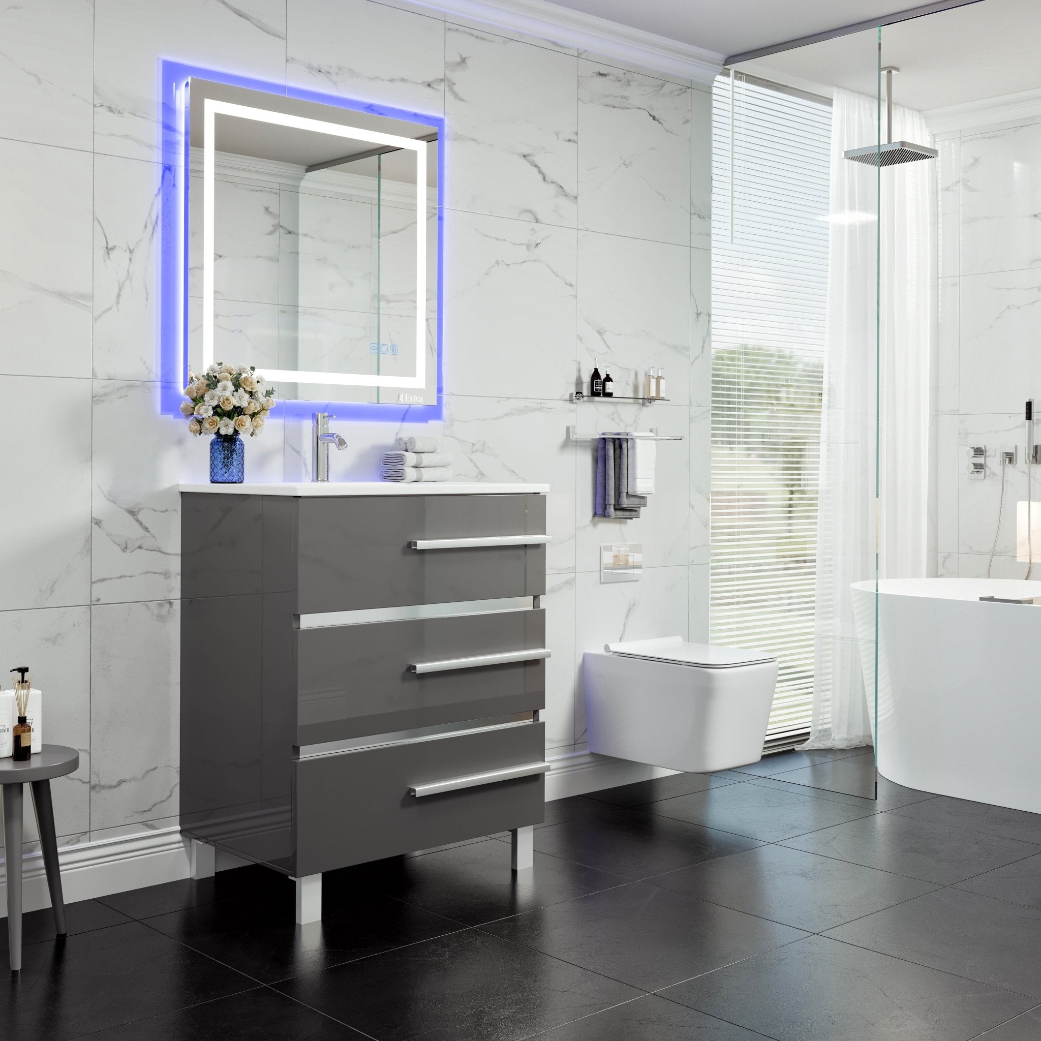 Deluxe 32 in. Gray Single Sink Bath Vanity with Porcelain Top and Integrated Sink - Bathroom Vanity by Eviva