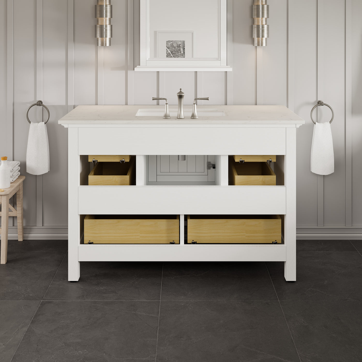 Britney 42"W x 22"D White Bathroom Vanity with White Carrara Quartz Countertop and Undermount Porcelain Sink