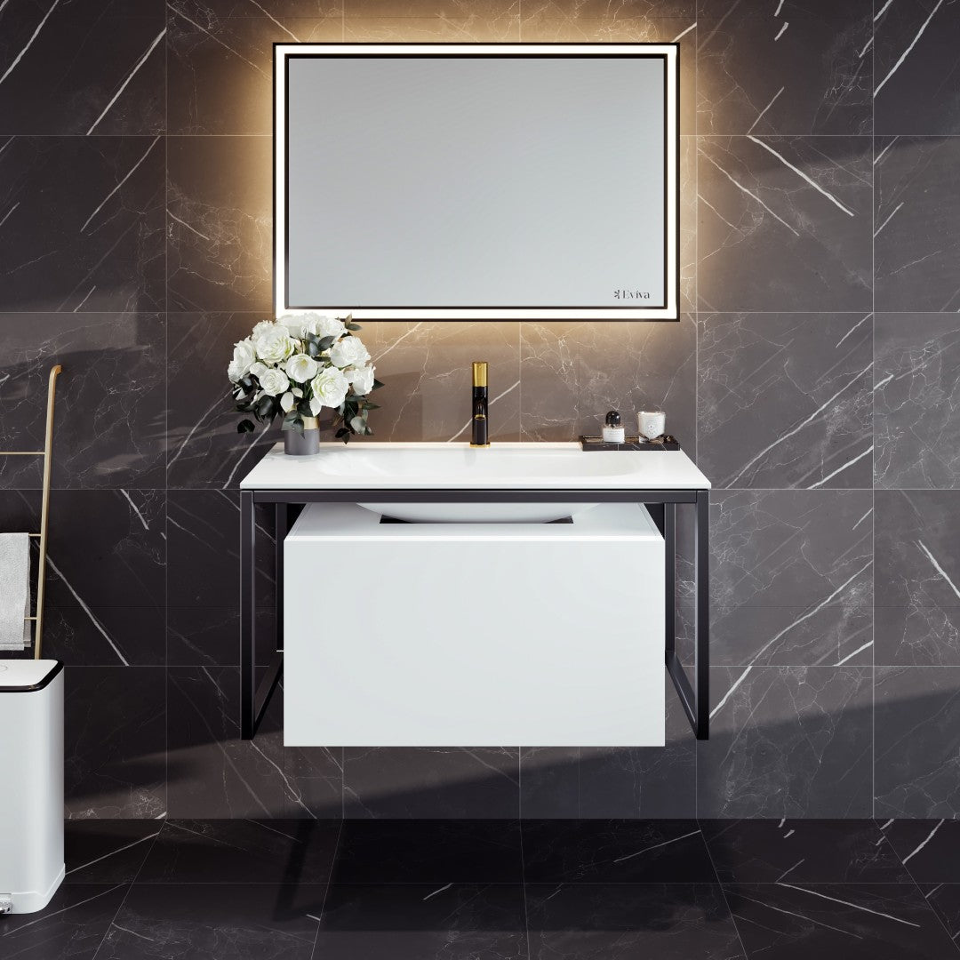 Modena 32 in. White Wall Mount Single Sink Bath Vanity with Solid Surface Top and Integrated Sink