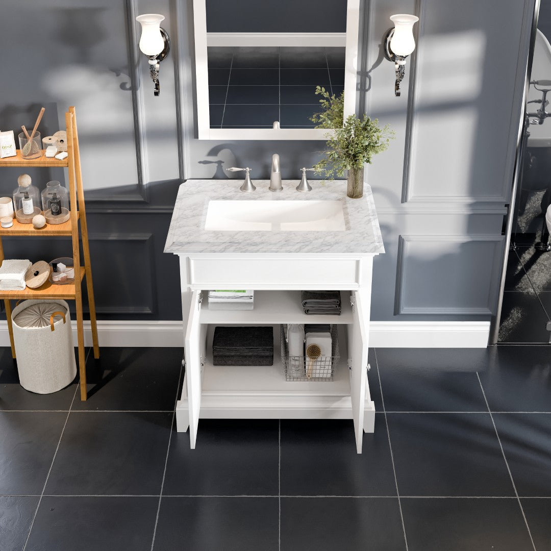 Elite Princeton 30 in. White Single Sink Bath Vanity with Carrara Marble Top and Undermount Porcelain Sink