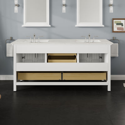 Britney 72"W x 22"D White Double Sink Bathroom Vanity with White Carrara Quartz Countertop and Undermount Porcelain Sinks