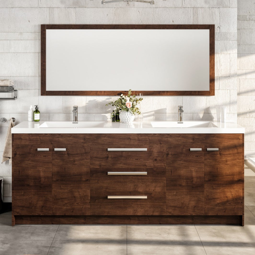 Modern Lugano 84 in. Rosewood Double Sink Bath Vanity with an acrylic top and integrated sinks, displayed in a bathroom setting with a large mirror above the vanity.