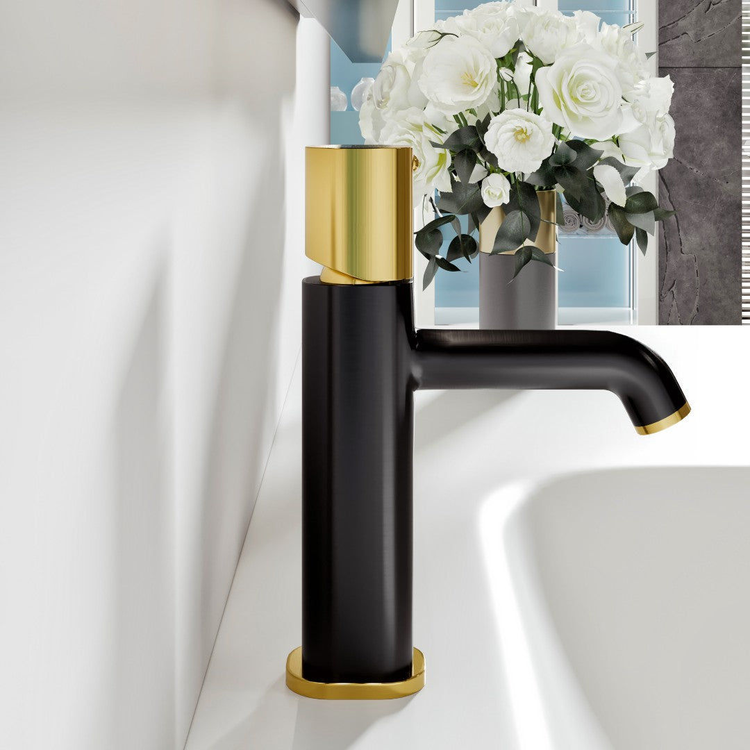 Eviva Eclair Single-Handle Straight Single-Hole Bathroom Faucet with Gold Handle and Spout Tip with Deckplate Included in Matte Black