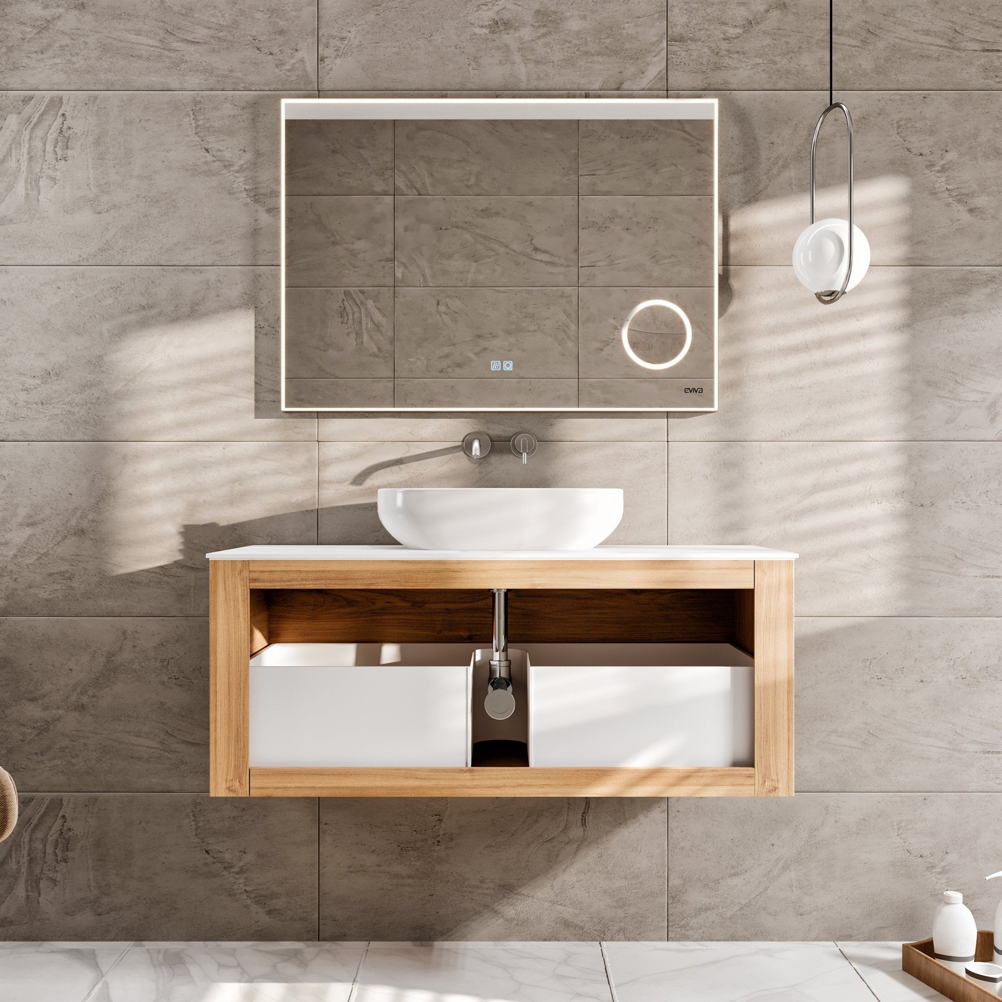 Leah 32 in. Medium Oak Wall Mount Single Sink Bath Vanity with Solid Surface Top and Vessel Solid Surface Sink - Bathroom Vanity by Eviva