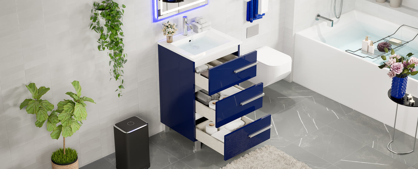 Deluxe 24"W x 18"D Blue Bathroom Vanity with White Porcelain Countertop and Integrated Sink