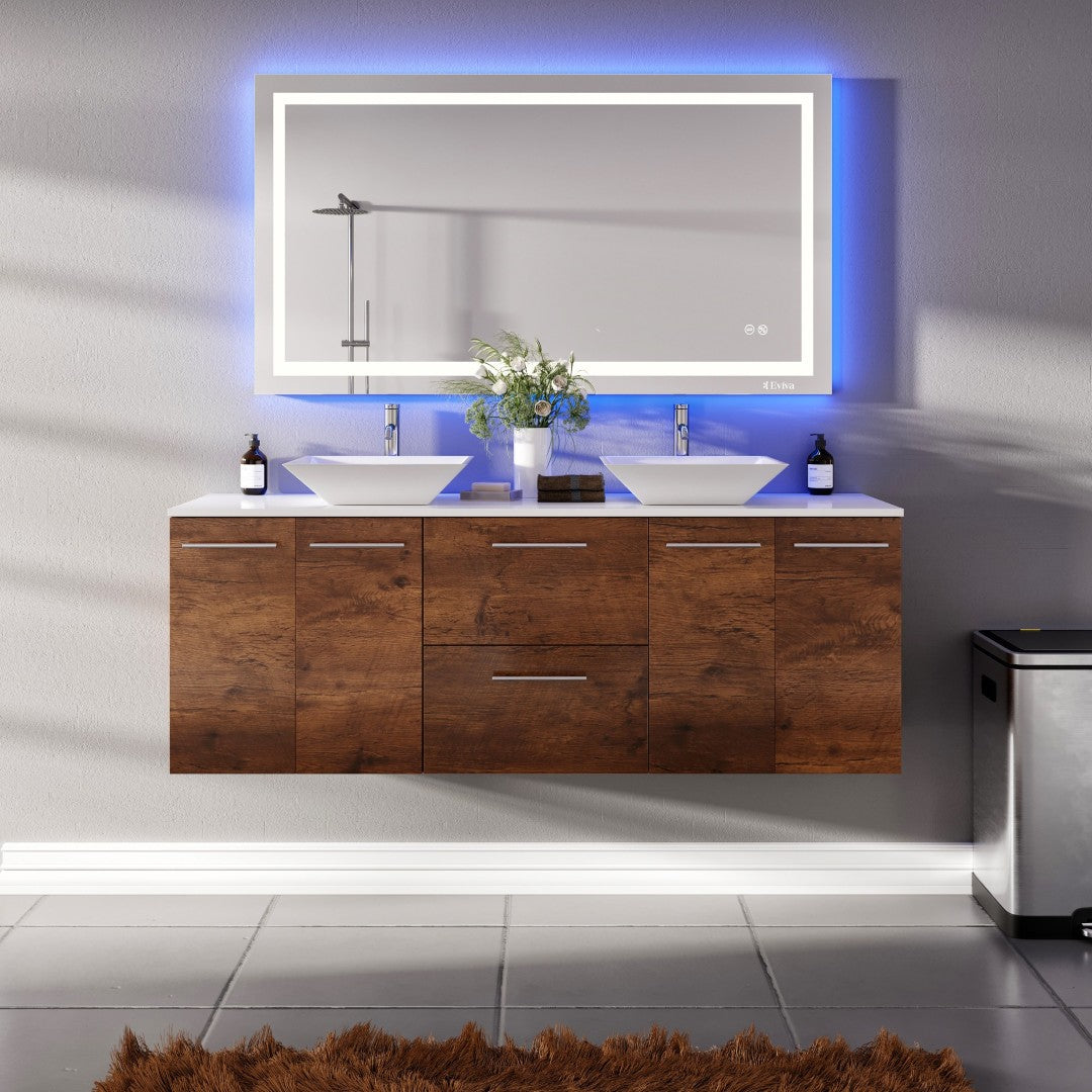 Lux 60 in. Rosewood Wall Mount Double Sink Bath Vanity with White Quartz Top and Vessel Porcelain Sinks