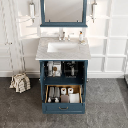Eviva Britney 30 Inch Transitional Ash Blue Bathroom Vanity with Carrera Marble Top