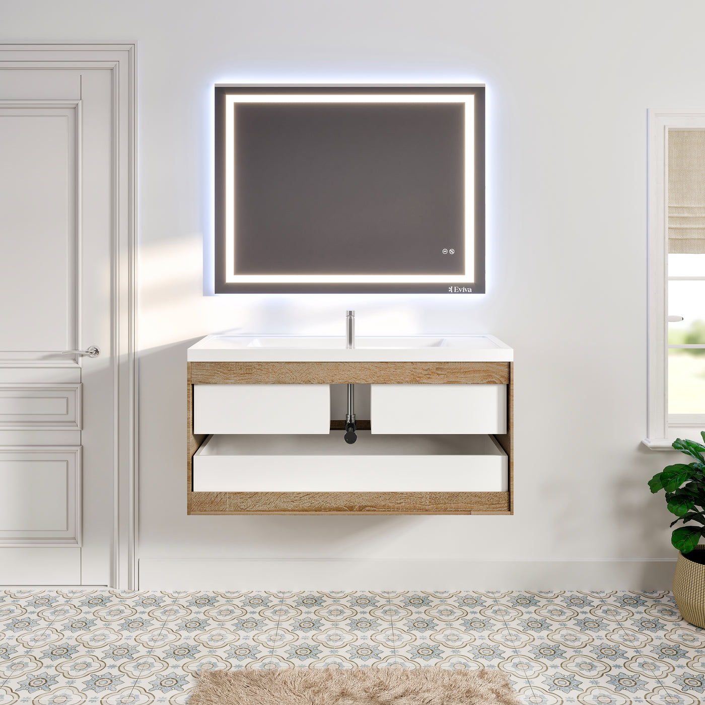 Smile 48"W x 19"D White Oak Wall Mount Bathroom Vanity with White Acrylic Countertop and Integrated Sink