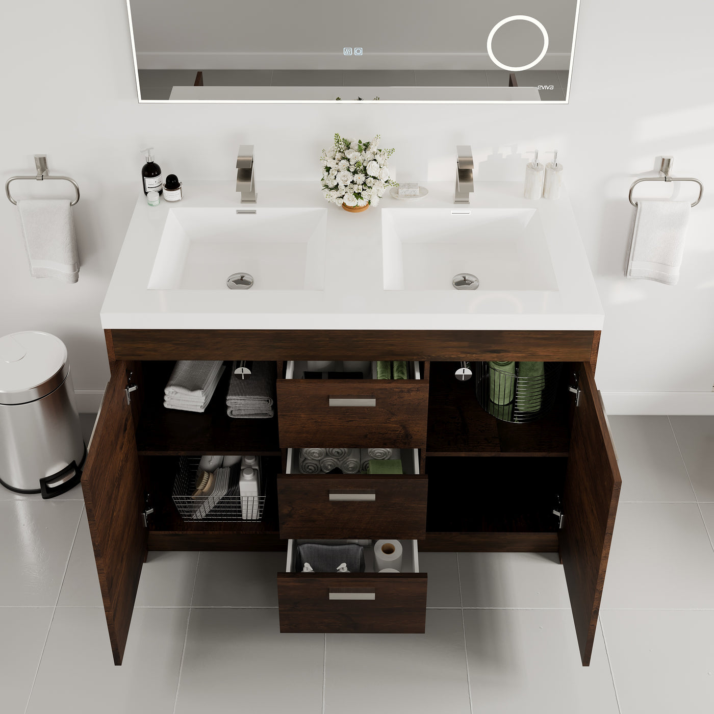 Lugano 48"W x 20"D Rosewood Double Sink Bathroom Vanity with White Acrylic Countertop and Integrated Sinks